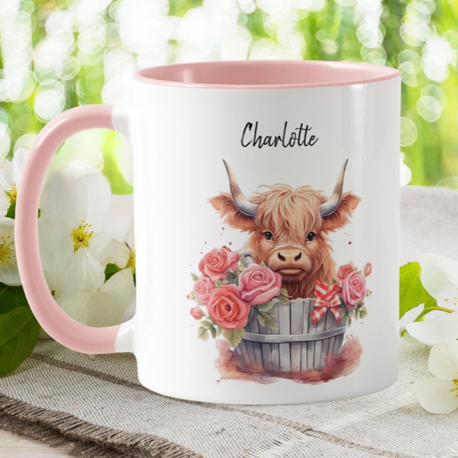 Cute Highland Cow Pink Floral Watercolor Custom Mug (Creator Uploaded)