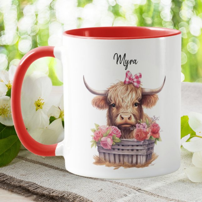 Cute Highland Cow Pink Floral Watercolor Valentine Mug (Creator Uploaded)