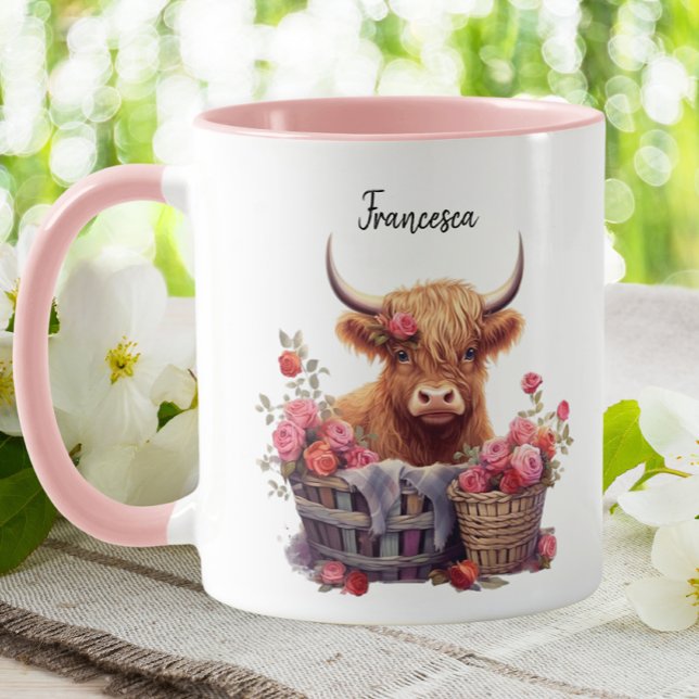 Cute Highland Cow Pink Pastel Floral Watercolor  Mug (Creator Uploaded)