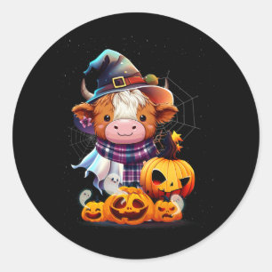 Cute Highland Cow Pumpkin Western Halloween Funny  Classic Round Sticker