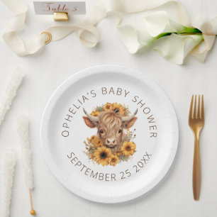 Cute Highland Cow Rustic Sunflowers Baby Shower Paper Plate