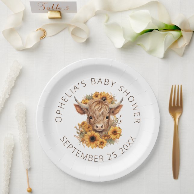 Cute Highland Cow Rustic Sunflowers Baby Shower Paper Plate (Wedding)