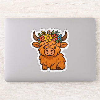 Cute Highland Cow Sticker with Floral Crown
