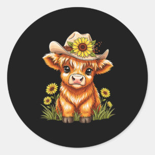Cute Highland Cow Sunflower Farm Scottish Highland Classic Round Sticker