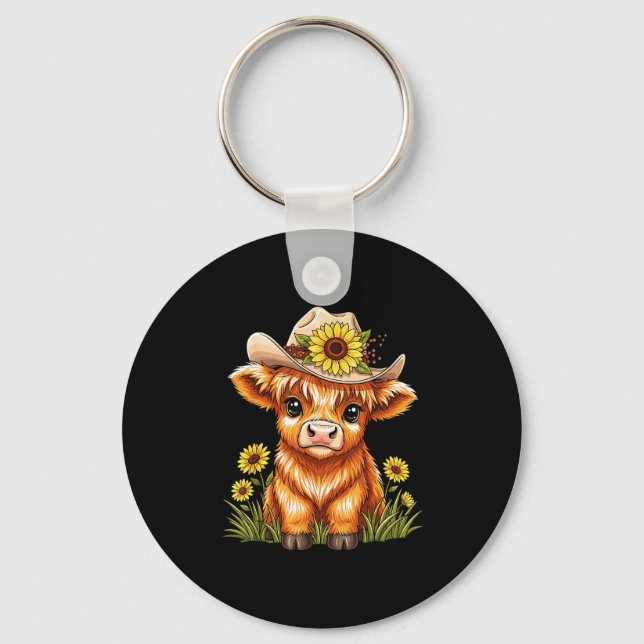 Cute Highland Cow Sunflower Farm Scottish Highland Key Ring (Front)