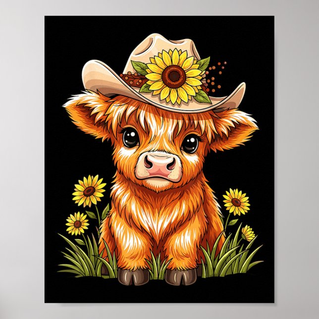 Cute Highland Cow Sunflower Farm Scottish Highland Poster (Front)
