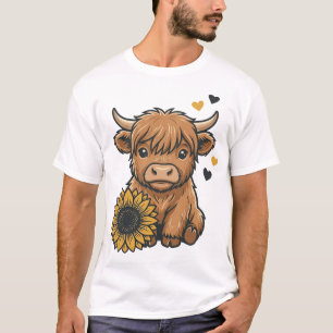Cute Highland Cow Sunflower Vintage Engraving Desi T-Shirt