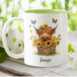 Cute Highland Cow Sunflowers Floral Butterflies Two-Tone Coffee Mug<br><div class="desc">This personalised mug is a perfect gift for animal lovers. The cute highland baby cow sitting in a garden of yellow sunflowers is sure to bring a smile to anyone's face. This mug can be customised with a name or message. It's perfect for enjoying your morning coffee or tea. Order...</div>