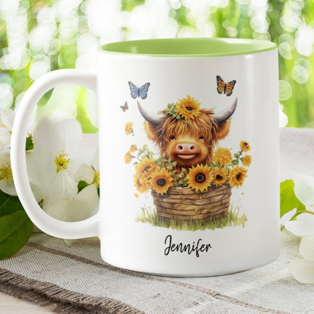 Cute Highland Cow Sunflowers Floral Butterflies  Two-Tone Coffee Mug (Creator Uploaded)