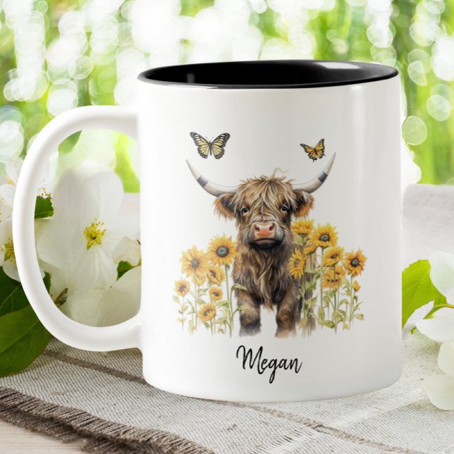 Cute Highland Cow Sunflowers Floral Personalised Two-Tone Coffee Mug (Creator Uploaded)