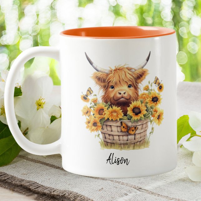 Cute Highland Cow Sunflowers Floral Personalised Two-Tone Coffee Mug (Creator Uploaded)