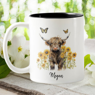 Cute Highland Cow Sunflowers Floral Personalized Two-Tone Coffee Mug