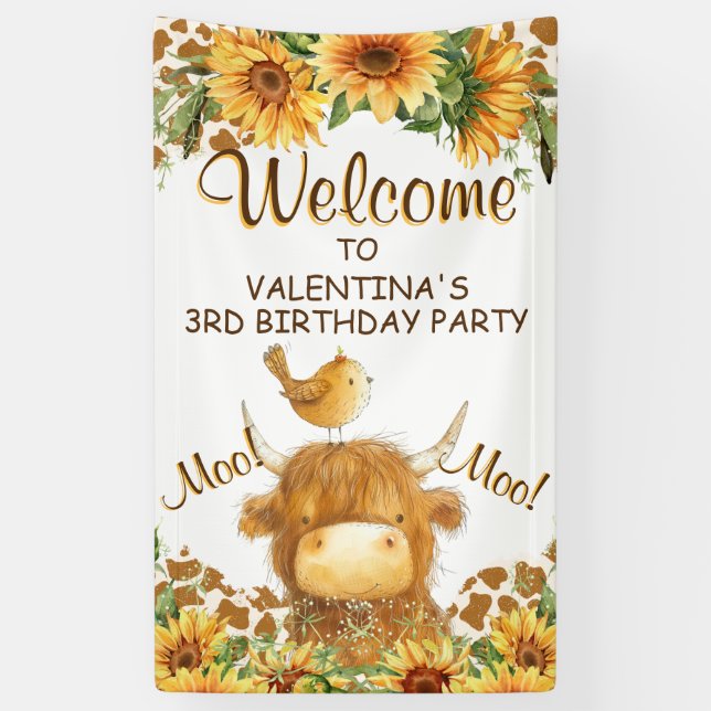 Cute Highland Cow Sunflowers Moo Party Welcome Banner (Vertical)