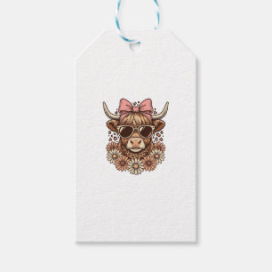 Cute Highland Cow Sunglasses Pink Bow Vintage Art_ Gift Tags