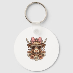 Cute Highland Cow Sunglasses Pink Bow Vintage Art_ Key Ring
