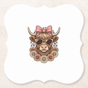 Cute Highland Cow Sunglasses Pink Bow Vintage Art_ Paper Coaster
