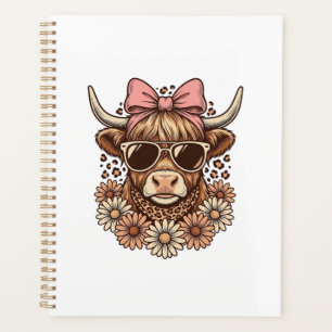 Cute Highland Cow Sunglasses Pink Bow Vintage Art_ Planner