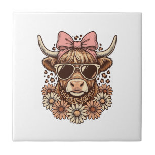 Cute Highland Cow Sunglasses Pink Bow Vintage Art_ Tile