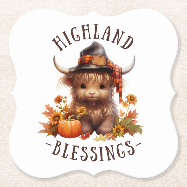 Cute Highland Cow Thanksgiving Blessings Paper Coaster (Front)