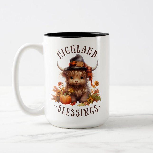 Cute Highland Cow Thanksgiving Blessings Two-Tone Coffee Mug (Left)
