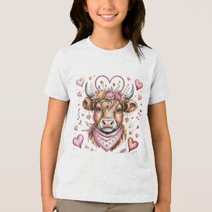 Cute Highland Cow Valentine Floral Heart  Tri-Blend Shirt
