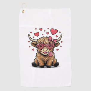 Cute Highland Cow Valentine Heart Glasses Vector_1 Golf Towel
