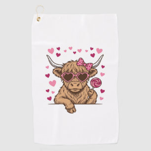 Cute Highland Cow Valentine Sunglasses Vector Desi Golf Towel