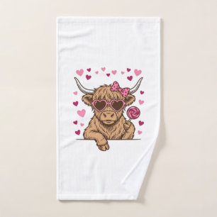 Cute Highland Cow Valentine Sunglasses Vector Desi Hand Towel