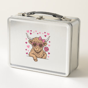 Cute Highland Cow Valentine Sunglasses Vector Desi Metal Lunch Box
