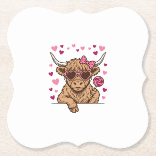 Cute Highland Cow Valentine Sunglasses Vector Desi Paper Coaster