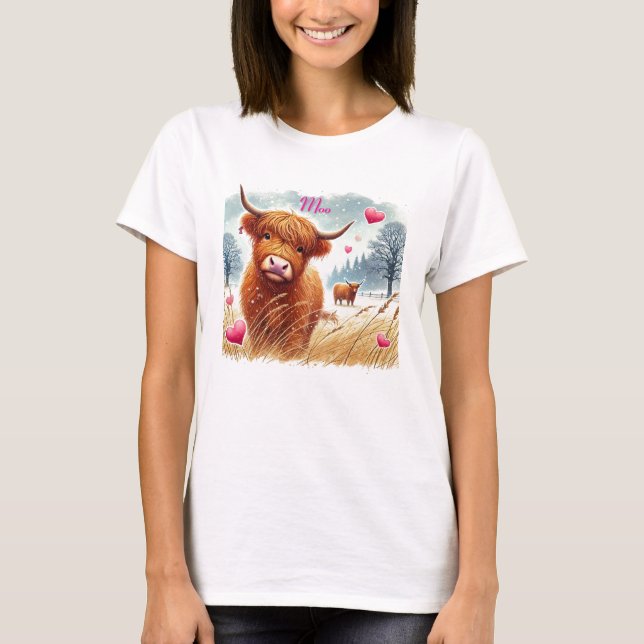 Cute Highland Cow Valentines Nature T-shirt (Front)