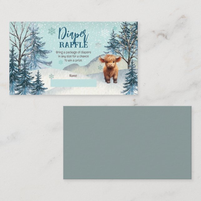 Cute Highland Cow Winter Baby Shower Diaper Raffle Enclosure Card (Front/Back)