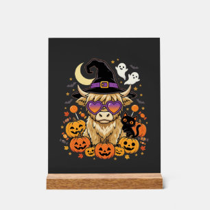 Cute Highland Cow Witch Halloween Pumpkin Party Acrylic Sign