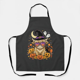 Cute Highland Cow Witch Halloween Pumpkin Party Apron