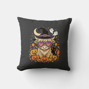 Cute Highland Cow Witch Halloween Pumpkin Party Cushion