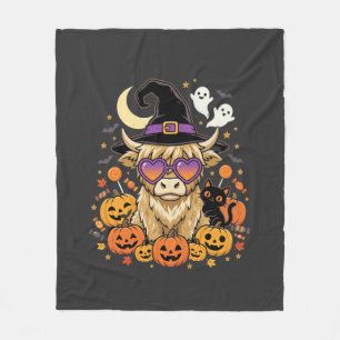 Cute Highland Cow Witch Halloween Pumpkin Party Fleece Blanket