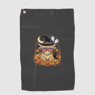 Cute Highland Cow Witch Halloween Pumpkin Party Golf Towel