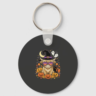 Cute Highland Cow Witch Halloween Pumpkin Party Key Ring