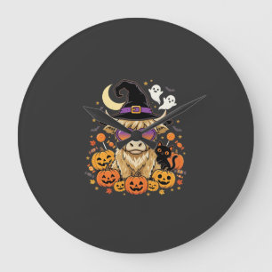 Cute Highland Cow Witch Halloween Pumpkin Party Large Clock