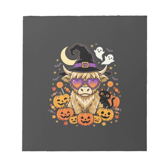 Cute Highland Cow Witch Halloween Pumpkin Party Notepad (Front)