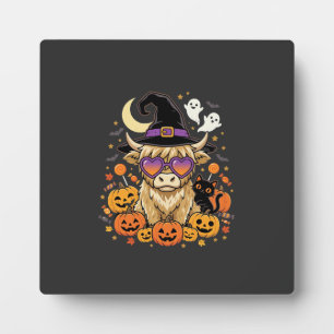 Cute Highland Cow Witch Halloween Pumpkin Party Plaque