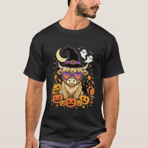 Cute Highland Cow Witch Halloween Pumpkin Party T-Shirt