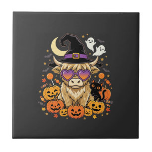 Cute Highland Cow Witch Halloween Pumpkin Party Tile