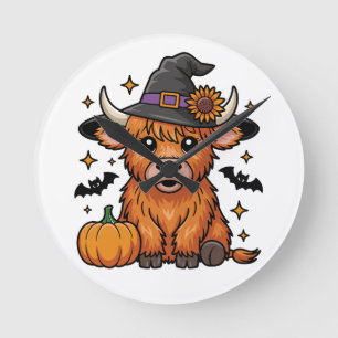 Cute Highland Cow Witch with Pumpkin Halloween Round Clock