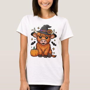 Cute Highland Cow Witch with Pumpkin Halloween T-Shirt