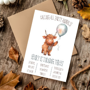 Cute Highland Cow with Balloon Birthday Party Invitation