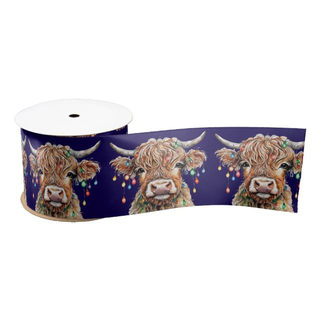 Cute Highland Cow with Christmas Lights Satin Ribbon (Spool)