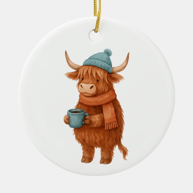 Cute Highland Cow with Coffee – Cosy Winter Ceramic Tree Decoration (Front)