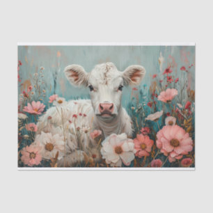 Cute Highland Cow with Cosmos for Decoupage Tissue Paper