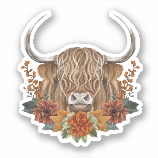 Cute Highland Cow with Fall Flowers  (Front)